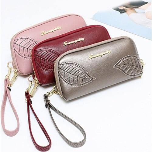 Womens Wallets and Purses Handbag Female Embroidered Leaves Ladies Long Zipper Hand Wallet Fashion Coin Purse Large Capacity