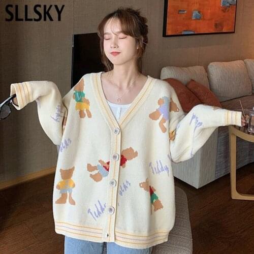 Sllsky Cartoon Print Knitted Women Sweater Cardigan 2020 New Casual Cute V-neck Single Breasted Female Cardigan Sweater Tops