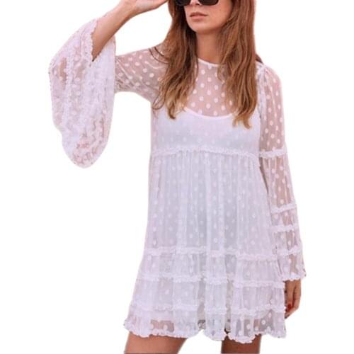 Women Long Sleeve Boho Beach Dot Bikini Cover Up Dress 2020 New Dot See Through Cover Up Swing Summer Holiday Dress Cover-Ups