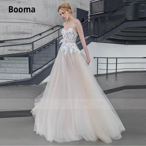 Booma 2020 A-line Soft Tulle Wedding Dresses Lace Appliques Beach Boho Champagne Bridal Gowns with Bow Vestidos De Novia Vintage
