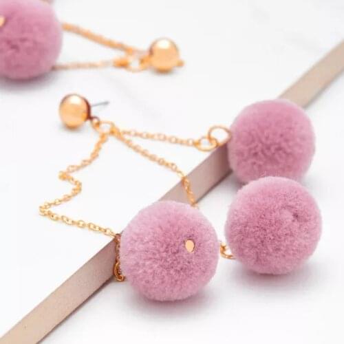 2018 Chic pink pom pom chain stud earrings trendy pop gift bijoux ball top hot hiphop festive sweetheart prom jewelry for girls