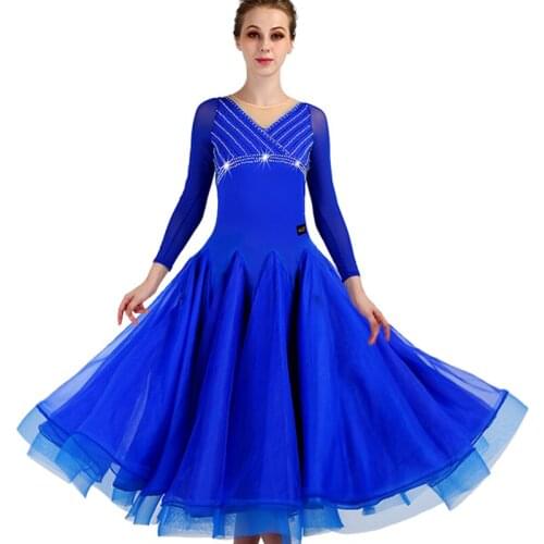 Ballroom Dance Dress Women Elegant Blue Long Sleeve Shiny Dress Modern Dance Performance Dress Tango/Waltz Dance Wear DQL1940
