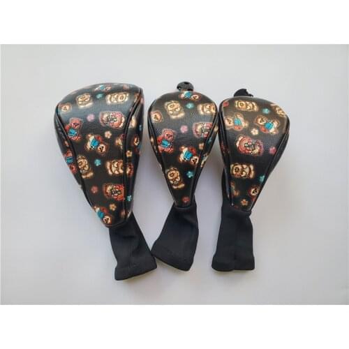 Brand New Bear Golf Head Cover Black PU Leather Golf Driver Head Cover + Golf Fairway Woods Head Cover EMS Free Shipping