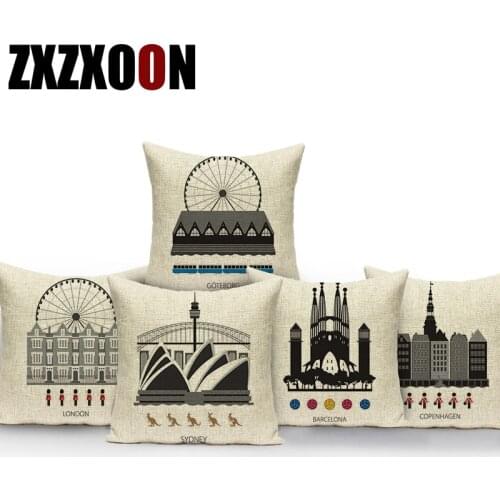 Polyester Black White European Architecture Decorative Pillows Case Sofa Home Cushion Cover for Living Room Decoraton