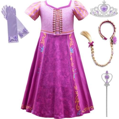 Magical Long Hair Fairy Tale Princess Dress for Girls 3D Print Purple Cosplay Tangled Costume Kids Halloween Party Dress up Robe
