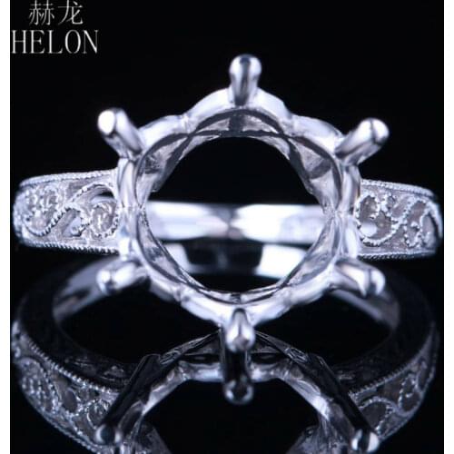 HELON 11-12mm Round Cut Solid 10k White Gold Women Fine Jewelry Retro Antique style Semi Mount Engagement Wedding Ring Setting
