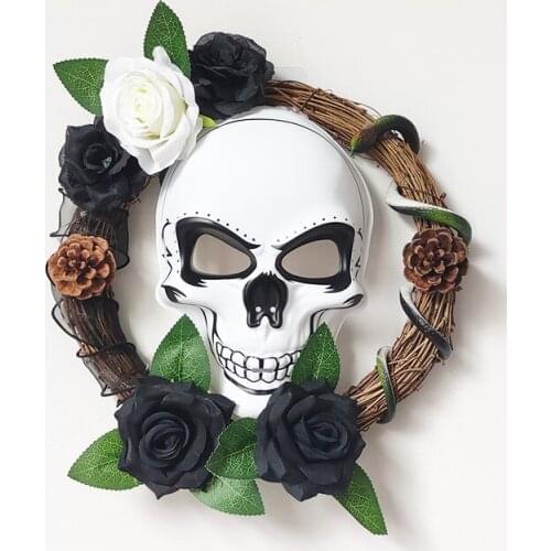 White And Black Roses Artificial Wreath Horror Skull And Snake Flowers Garland Home Decoration For Halloween