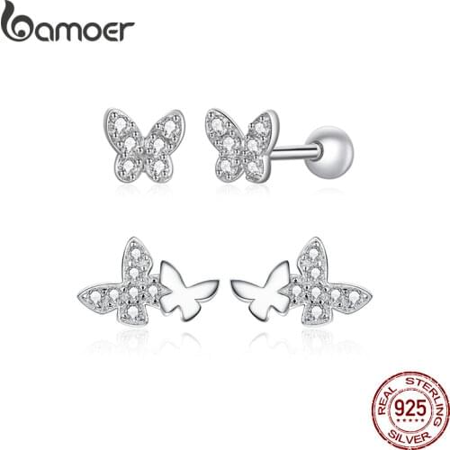 BAMOER 925 Sterling Silver Plated Platinum Cute Butterfly Stud Earrings, Handmade 5mm Dainty CZ Hypoallergenic Earrings SCE1116