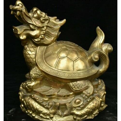 Chinese Brass Fengshui Animal Dragon Tortoise Loong Turtle God Beast Coin Statue