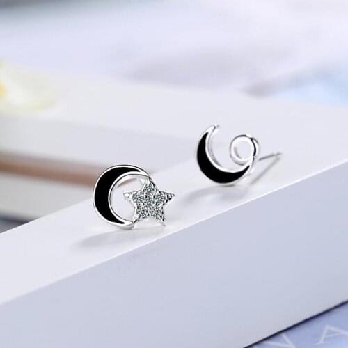 KOFSAC New Trendy 925 Sterling Silver Earrings For Women Personality Black Star Moon Stud Earring Jewelry Lady Chic Party Gifts