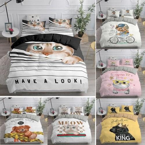 3d Cartoon Cute Cat & Dogs Pet Animals Bedding Set Funny Sentence Comforter Duvet Cover Kids Baby Bed Linen Child