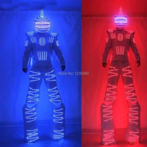 Colorful RGB LED Luminous Costume With Helmet LED Clothing Light Stilt Robot Suit Kryoman David Guetta Robot Dance Wear