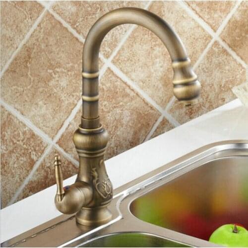 Kitchen Mixer Taps Antique Brass Finished Hot&Cold Mixer Taps Deck Mounted Carving Faucet AF1007