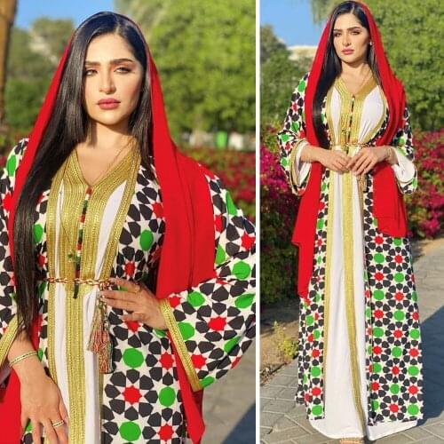 Moroccan 2 Piece Muslim Women Abaya Print Long Dress Pakistan Dubai Arab Maxi Robe Gown Turkish V-neck Party Ramadan Eid Muburak