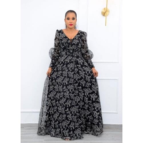 2021 New Spring Autumn African Women Long Sleeve V-neck Plus Size Long Dress Maxi Dress African Dresses for Women with Belt