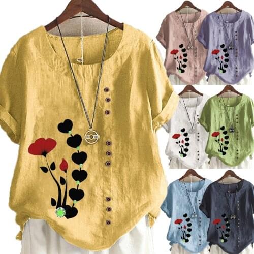New Women Summer Casual Print Loose T-shirts Vintage Round Neck Plus Size Short Sleeve Blouse Tops S-5XL