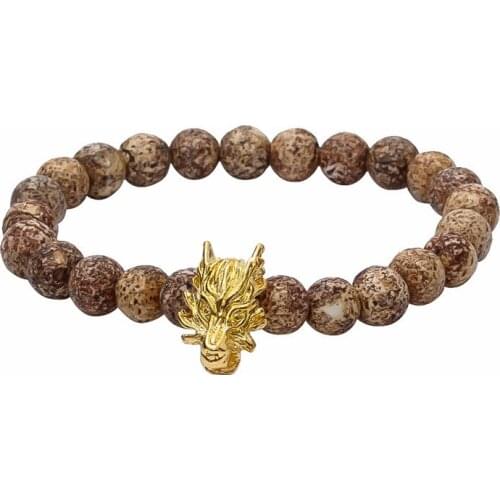 New Fashion 8mm Natural Wooden Stones Bracelet for Men Leopard Stone Bracelet with Dragon Spacer