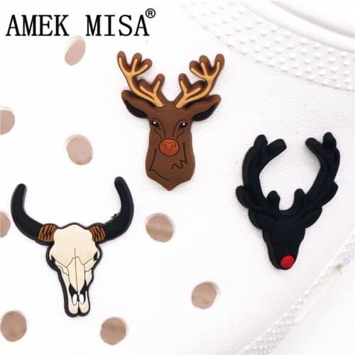 Original 1pcs PVC Shoe Charms Reindeer wildebeest skull Shoes Accessories Croc Charms JIBZ Shoe Decoration for Girls Kids Gifts