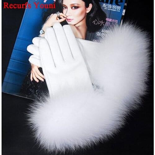 Luxury 2020 Winter Women Black/Pink/Grey Ultra-large Natural Fox Fur Genuine Leather Short Gloves Feminina Luvas Mujer Best Gift