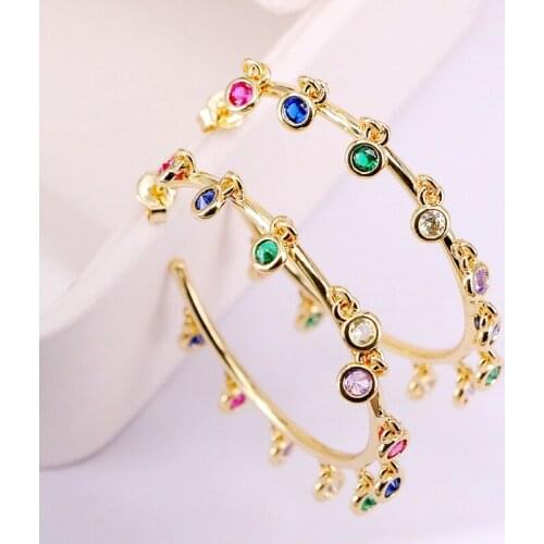 2Pairs, Rainbow Crystal Zirconia Colorful Micro Pave CZ Round Charm Stud Earring Gold Filled New Girl Women Jewelry