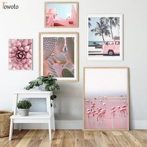 Tropical Beach Ocean Flamingo Print Nordic Poster Scandi Landscape Canvas Painting Pink Nursery Wall Art Scandinavian Wall Decor