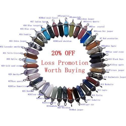 Natural Stone Pendant Mixed 30pcs Gem Stone Hexagonal Point Healing Reiki Chakra Pendant Gold&Sivler,Can Leave MSG Pick Stone