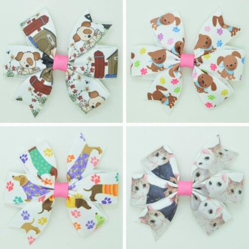 SUPWRF 3.1'' Dog cat animal cute Girls Hair Bow With Clip Boutique Printed Ribbon headwear diy wholesale 20 PCS T0929
