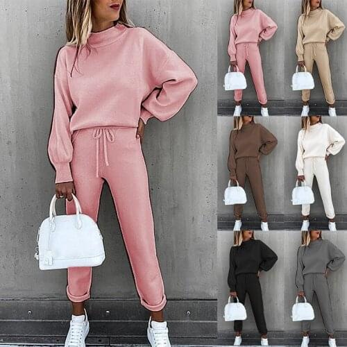 Warm womens suit womens solid color round neck cable knit 2-piece home service suit sweatshirt