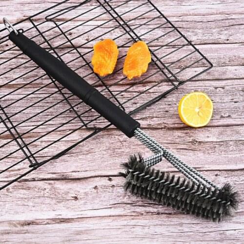 Three - headed steel wire grill brush stainless steel three - headed grill brush long handle grill cleaning tool
