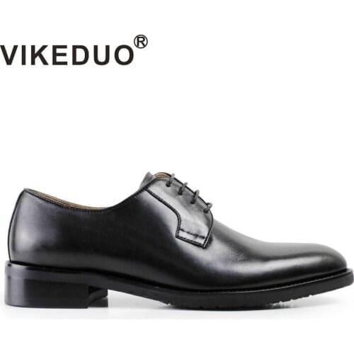 VIKEDUO Black Genuine Calf Leather Men Shoes Handmade Wedding Office Dress Derby Shoes Luxury Brand Mans Footwear Zapato Hombre