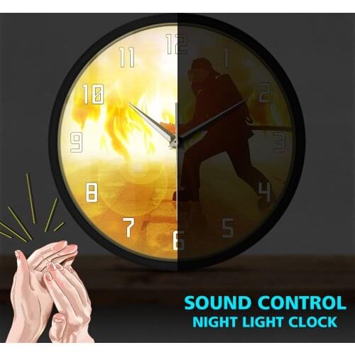 Duty Calls Firemen In Flames Smart Wall Clock Firefighter Fighting A Fire Sound Activated Watch Fire Dept Office LED Light