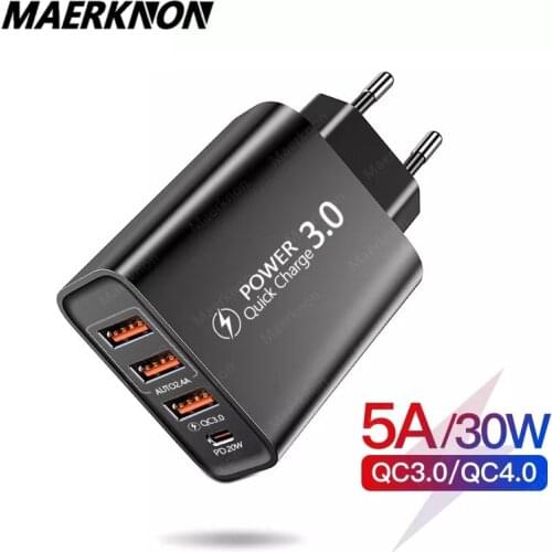 USB Type C Charger 30W 4 Ports PD Quick Charge 3.0 for iPhone 12 Samsung Xiaomi Wall Mobile Phone Fast Charging Phone Chargers