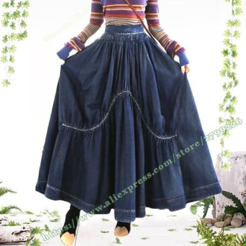 2020 Spring Summer Female Fashion Elegant Casual Vintage Retro Style Pleated Denim Jeans Long Maxi Skirt Skirts for Womens