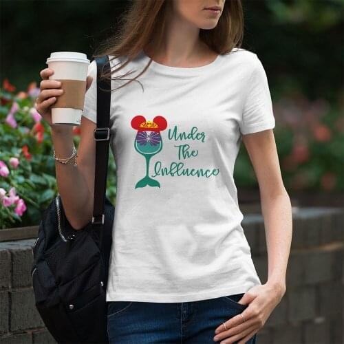 Women T-Shirt Disney Pattern White Tees Fashion Casual Style Tshirts Outdoor Wine Glass Princess The Little Mermaid Kawaii Trend
