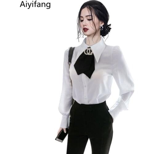 Korean Chic White Top Office Lady Bow Single-Breasted Business Wear Shirt Spring Women Vintage Long Sleeve Elegant Solid Blouses