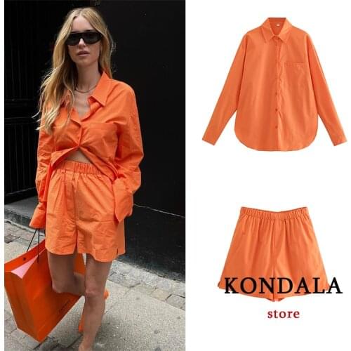 KONDALA Za 2021 Women Solid Orange Streetwear Sets Oversized Long Sleeve Shirt Women and High Waist Wide Leg Shorts Stylish Suit