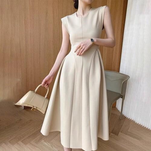 Sleeveless Summer Party Dress Women O-Neck High Waist Long Midi Dress Elegant A-Line Cotton Office Lady Hepburn Korean C466