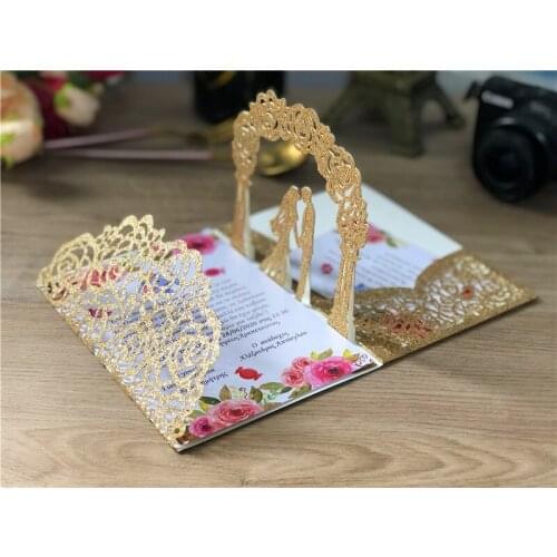10x Gold Silver Glitter 3D Invite Pocket Wedding Invitation Cards Bride&Groom Trifold Card Laser Cut Greeting Invitations Cover