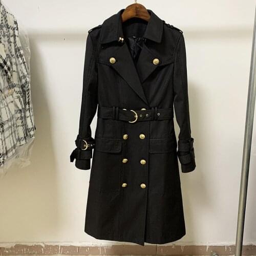 2021 Fashion Nu Metal Lion Buckle Double Breasted Belt High Quality Long Trench Coat O159