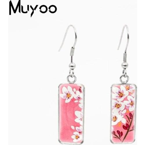 2021 New Fashion Pink White Cherry Blossom Flowers Watercolor Oil Painted Rectangle Stainless Steel Fish Hook Dangles Earrings
