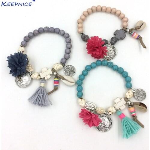 Bohemia jewelry friendship bracelet vintage tassel flower charm bracelet rosary beads bangle Charm Seed Beads Bracelets