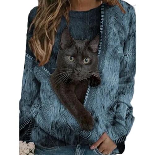 Women T Shirts Kawaii Black Cat BA Zipper Print Casual Crew Neck Long Sleeve Plus Size Loose Aesthetic Pullover Tops Lady Tee