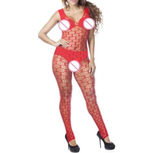 Red Jumpsuit Lady Pajamas Female Hollow Bodysuits Sexy Underwear Fishnet Lingerie Plus Size Women Christmas Gift Sexy Costumes