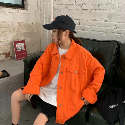 Bright colors denim jacket Korean womens long-sleeved denim jacket Harajuku fashion 2020 autumn new ins orange pink