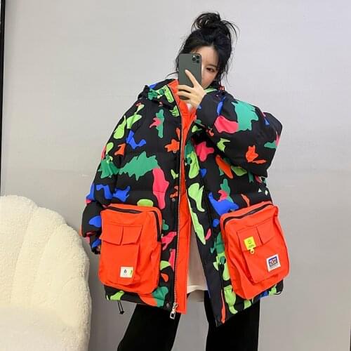 Camouflage Hooded Cotton-Parkas Jacket Winter Womens Tooling Jacket Contrast Color Stitching Large Pocket Cotton Jacket Tide