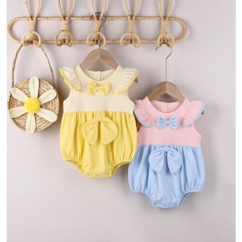 FOCUSNORM 0-12M Summer Baby Girls Sweet Rompers Ruffles Fly Shorts Sleeve Bowknot Color Patchwork Jumpsuits