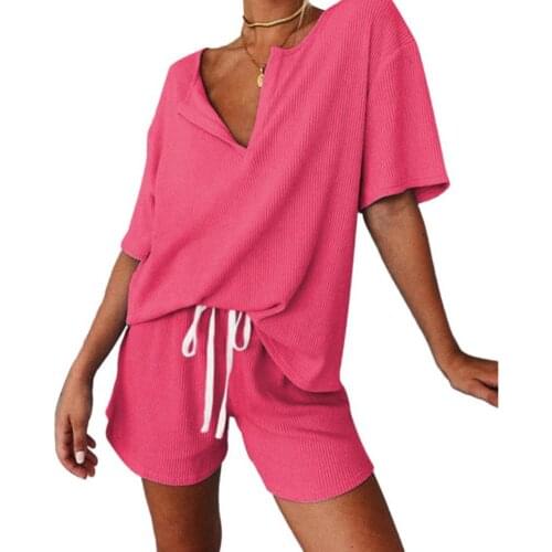 Summer Women Homewear Sexy V Neck T-shirt Drawstring Shorts Floral Print Ribbed Sleepwear Pajamas Outfit Sets Женский костюм