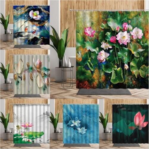 Lotus Green Leaf Pink Flower Bathroom Shower Curtain Scenery Oil Painting Bath Decor 3D Backdrop Fabric Waterproof Curtains Set