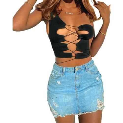 Women Summer Sexy One Shoulder Tank Top Hollow Out Criss Cross Lace-Up Front Camis Vest Harajuku Solid Color Slim Fitting Shirts