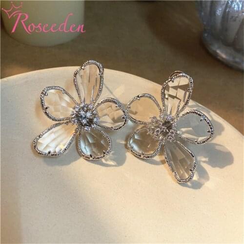 Fashion Big Flower Zircon Earrings Women Ear CZ Stone Bridal Wedding Jewelry RE3830